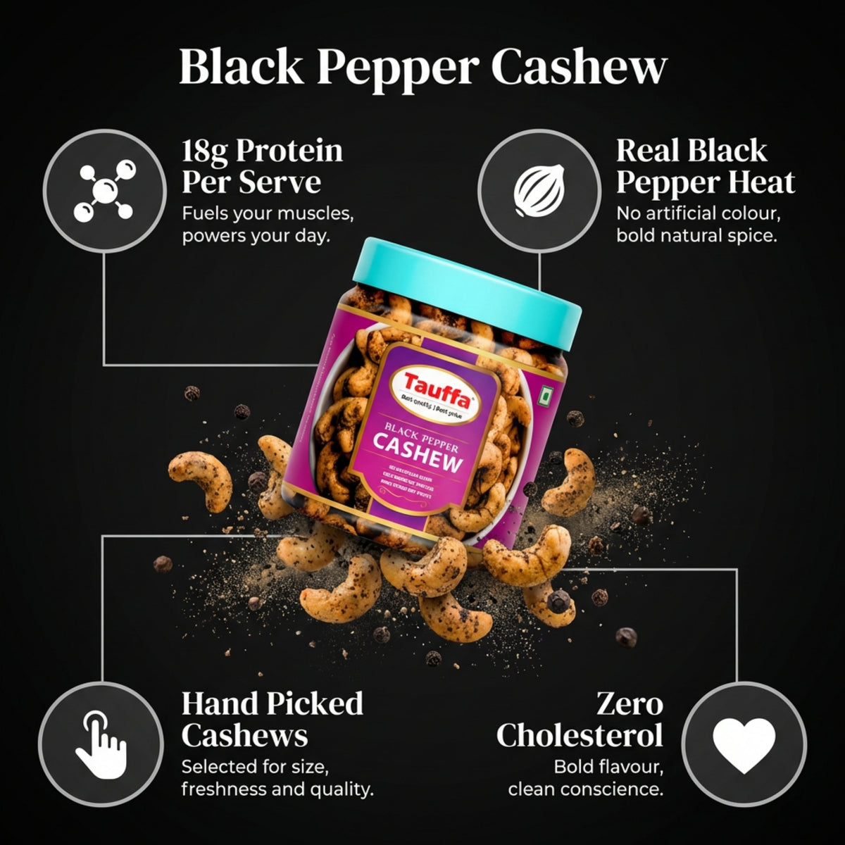 Black Pepper Cashews 250g | Roasted Whole Kaju with Kali Mirch