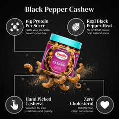 Tauffa Black Pepper Cashews 250g | Roasted Whole Kaju with Kali Mirch | Crunchy Jumbo Kaaju Nuts | No Added Oil | Healthy Snack