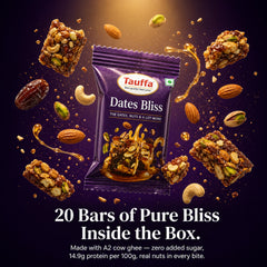 Tauffa Date Bliss | Dates Barfi Bites with Dates, Almonds, Cashews & Pistachios | A2 Cow Ghee & Honey | 0% Added Sugar | High Protein Energy Snack | Pack of 20