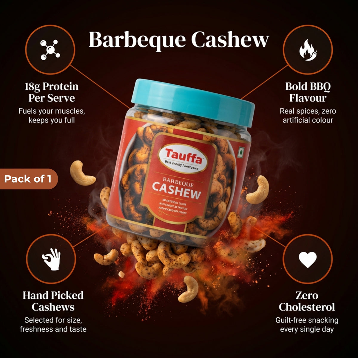Tauffa Barbeque Cashews 250g | Smoky BBQ Roasted Whole Kaju