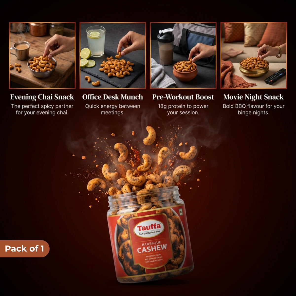 Tauffa Barbeque Cashews 250g | Smoky BBQ Roasted Whole Kaju