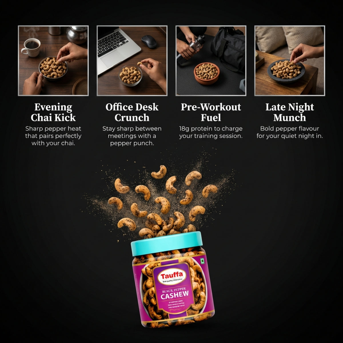 Black Pepper Cashews 250g | Roasted Whole Kaju with Kali Mirch