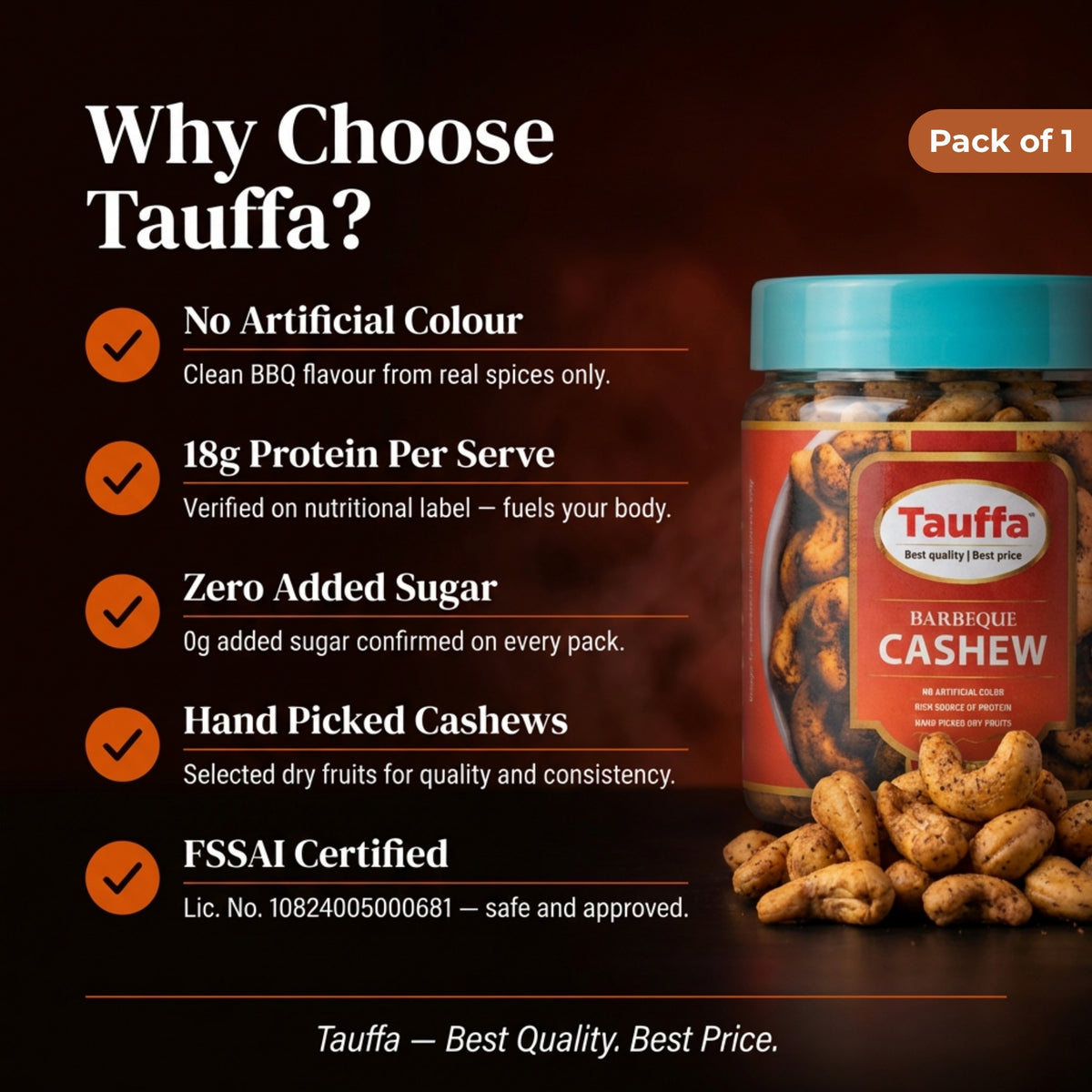 Tauffa Barbeque Cashews 250g | Smoky BBQ Roasted Whole Kaju