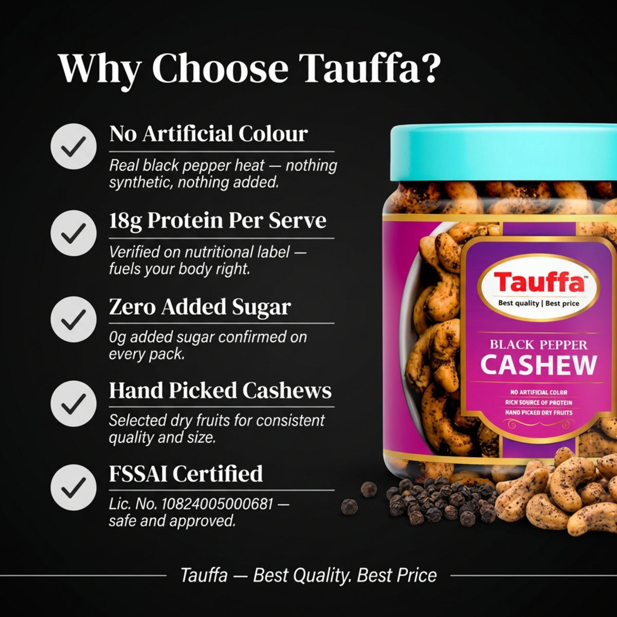 Black Pepper Cashews 250g | Roasted Whole Kaju with Kali Mirch