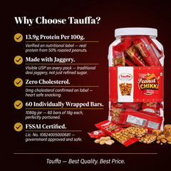 Tauffa Peanut Chikki Jar 60 Pieces (18g Each) | Traditional Groundnut & Jaggery Snack | Protein Rich Peanut Brittle | No Added Preservatives or Colours