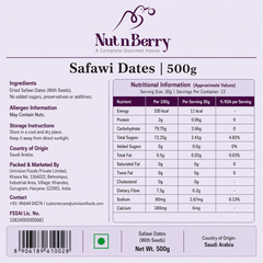 Nut n Berry Safawi Dates 500g | Premium Kalmi Khajoor from Saudi Arabia | Soft, Naturally Sweet Khajur | No Added Sugar, Rich in Fibre