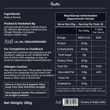 Tauffa Silver Class Walnut Kernels 250g | Premium Walnuts Without Shell | Akhrot Giri | High in Omega-3 | Healthy Snacking & Brain-Boosting Snack