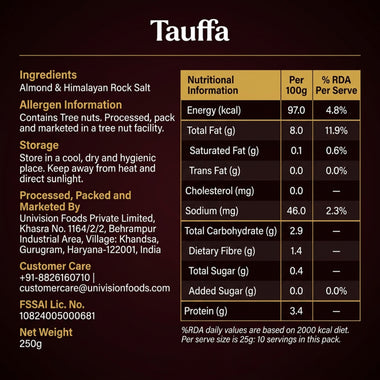 Tauffa Premium Roasted & Salted Almonds 250g | Crunchy Whole California Badam | Natural Badam Giri with Rock Salt | No Added Oil | Healthy Snack