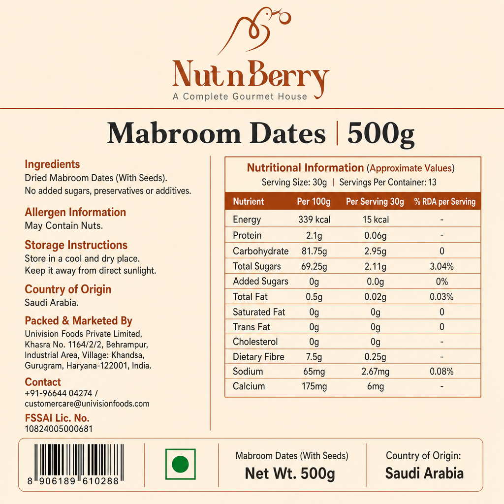 Nut n Berry Mabroom Dates 500g | Premium Saudi Arabia Khajoor | Firm, Chewy Khajur, No Added Sugar or Preservatives