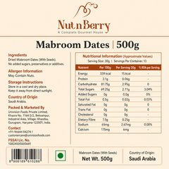 Nut n Berry Mabroom Dates 500g | Premium Saudi Arabia Khajoor | Firm, Chewy Khajur, No Added Sugar or Preservatives