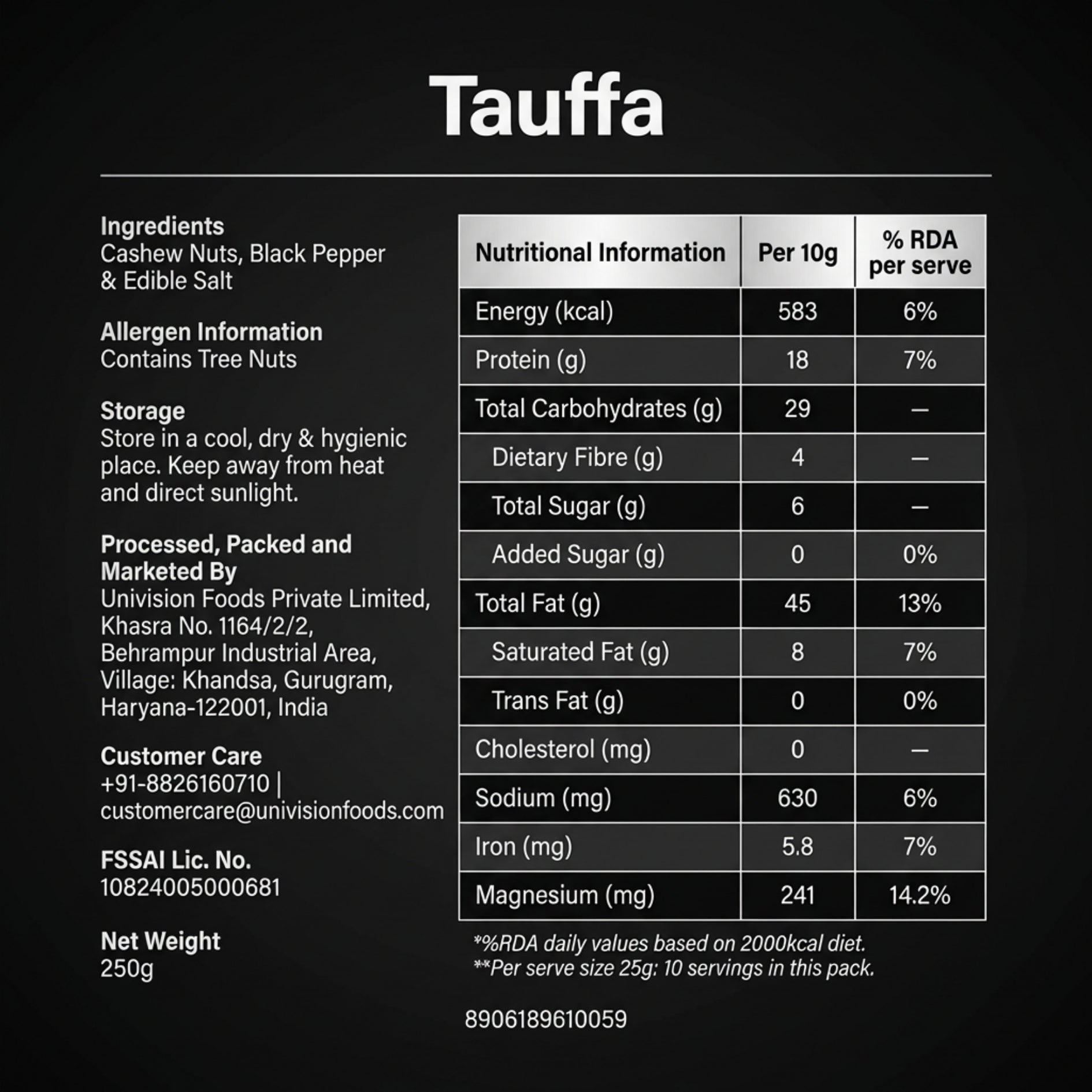 Tauffa Black Pepper Cashews 250g | Roasted Whole Kaju with Kali Mirch | Crunchy Jumbo Kaaju Nuts | No Added Oil | Healthy Snack