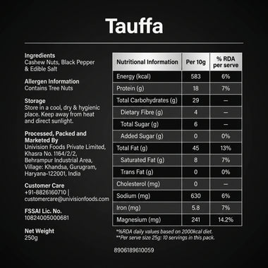 Tauffa Black Pepper Cashews 250g | Roasted Whole Kaju with Kali Mirch | Crunchy Jumbo Kaaju Nuts | No Added Oil | Healthy Snack