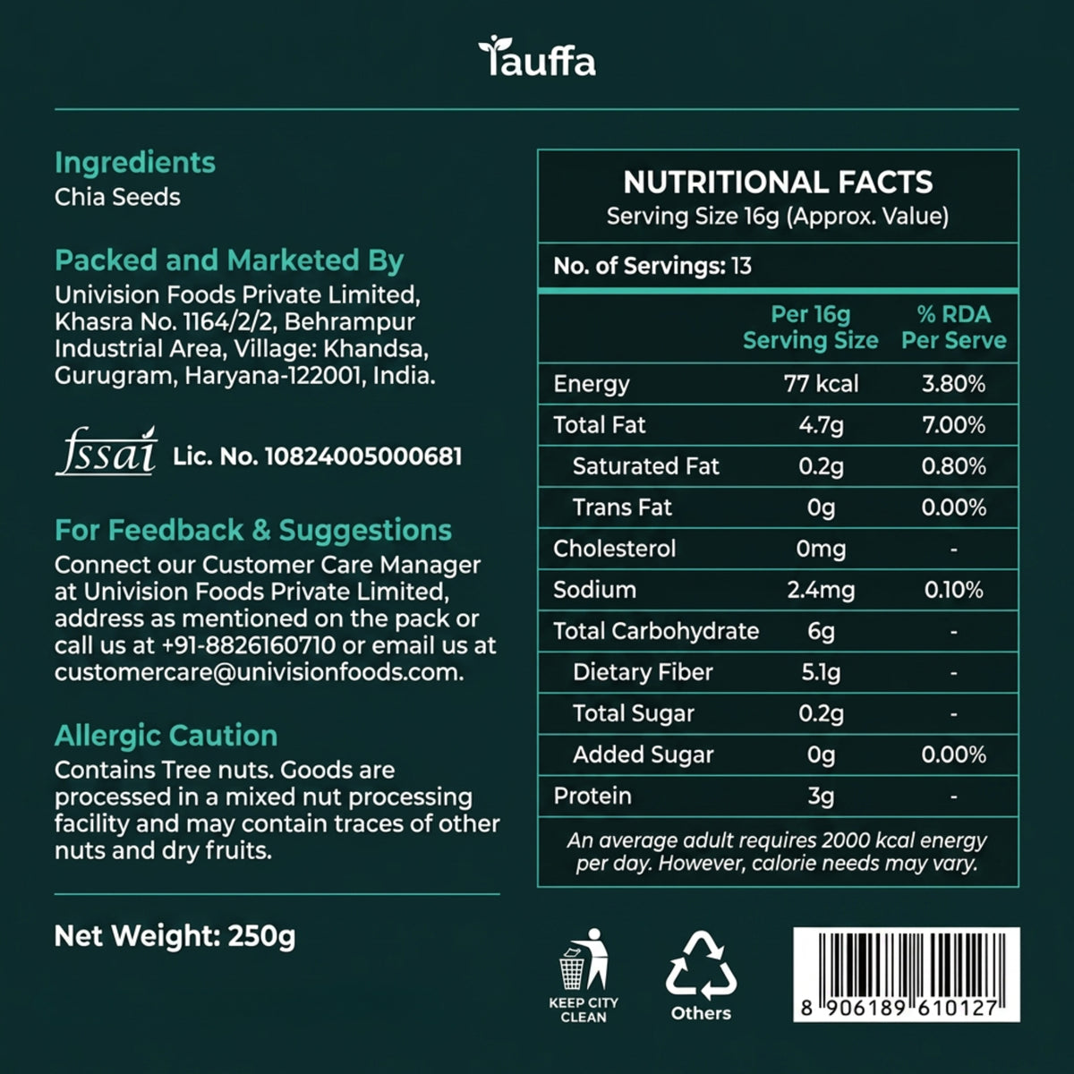 Tauffa Chia Seeds 250g | Natural Superfood Seeds | Rich in Fiber, Protein & Omega-3