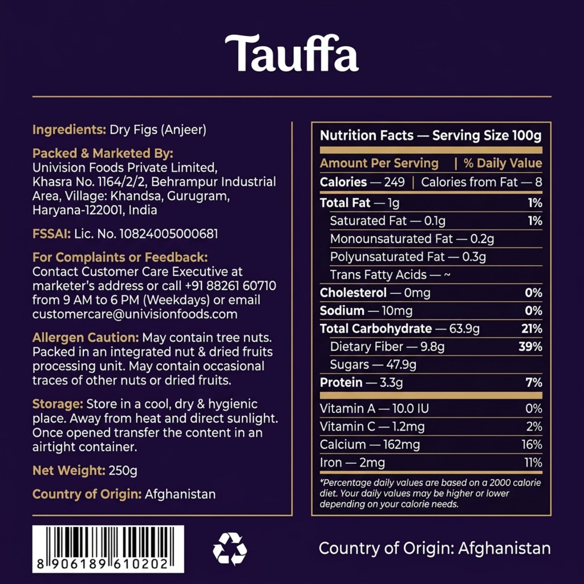 Tauffa Anjeer Gold 250g | Premium Afghani Dried Figs | Anjir Dry Figs | Naturally Sweet & Fiber-Rich | Ideal for Snacking, Milk-Soaking & Festive Gifting