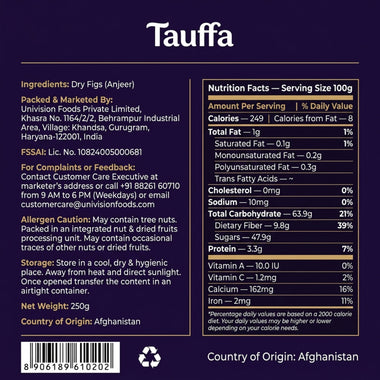 Tauffa Anjeer Gold 250g | Premium Afghani Dried Figs | Anjir Dry Figs | Naturally Sweet & Fiber-Rich | Ideal for Snacking, Milk-Soaking & Festive Gifting
