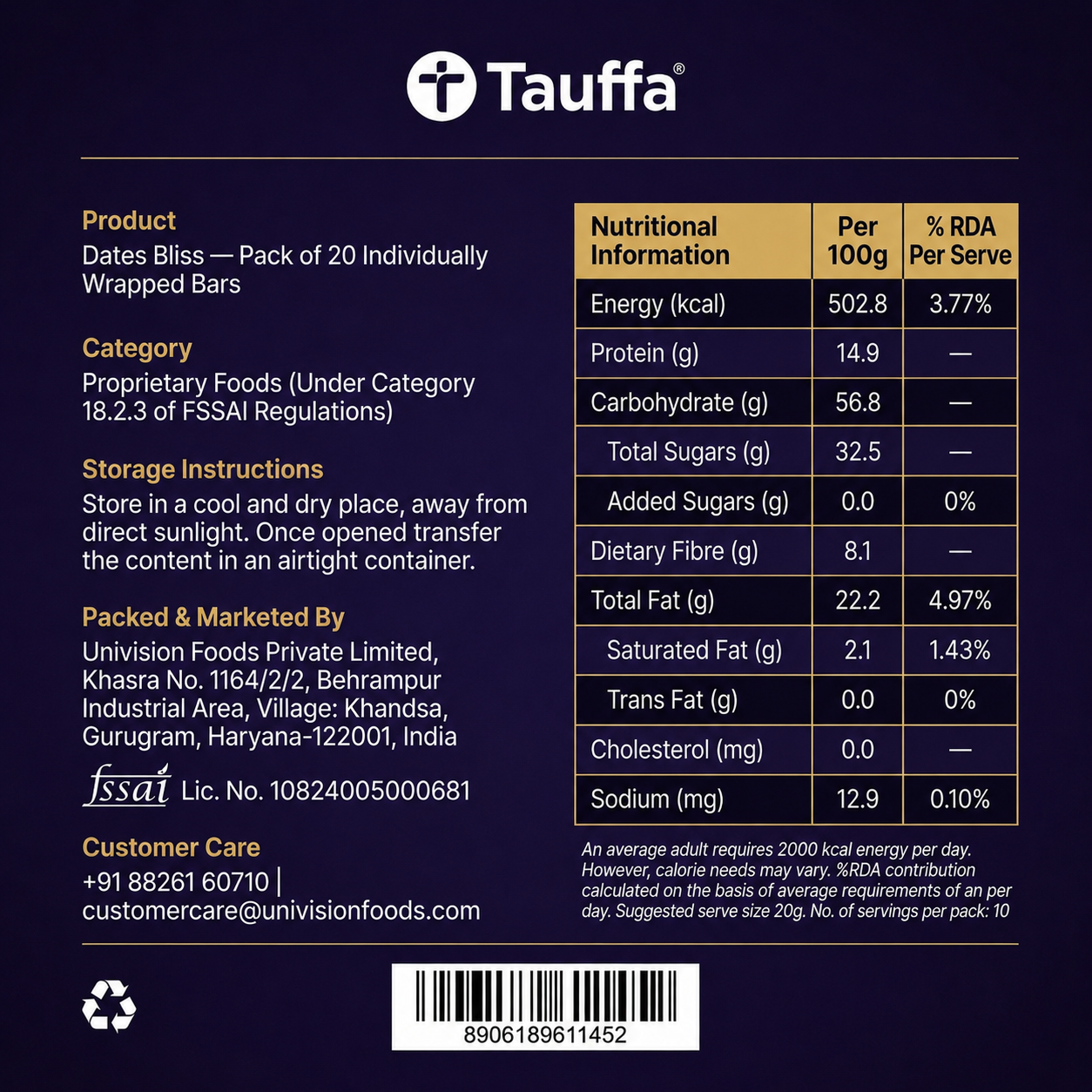 Tauffa Date Bliss | Dates Barfi Bites with Dates, Almonds, Cashews & Pistachios | A2 Cow Ghee & Honey | 0% Added Sugar | High Protein Energy Snack | Pack of 20