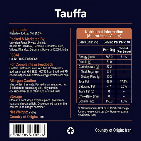 Tauffa Irani Pistachios Roasted & Salted 250g | Crunchy, Rich in Protein and Fiber, Perfect Snack for Energy Boost | Heart-healthy, High in Antioxidants, Ideal for Snacking